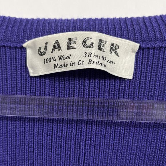Vintage Jaeger Wool Peplum Covered Button Ribbed Purple Cardigan Size 38” 10 US - Picture 2 of 5